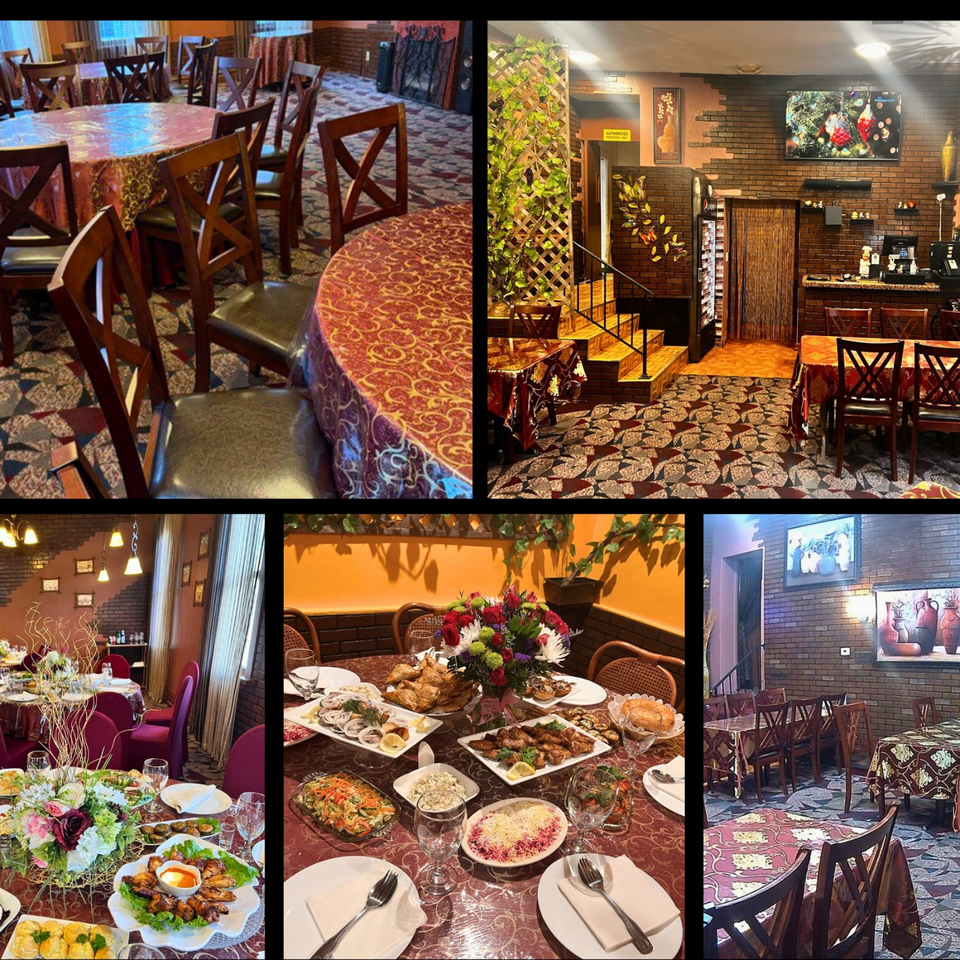 Collage showcasing a warmly lit restaurant interior with patterned tables, wooden chairs, brick walls, and elaborately plated dishes.