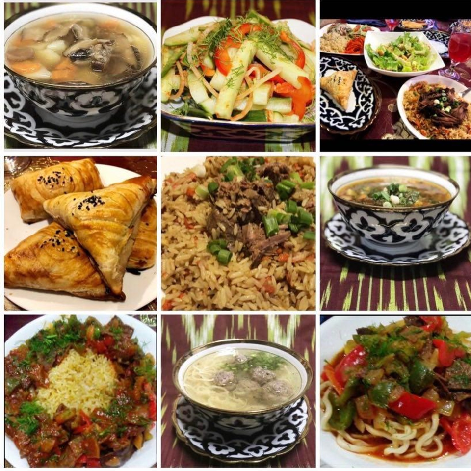 Collage of Central Asian dishes including soups, salad, rice, pastries, noodles, and meat served on patterned tableware.