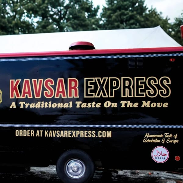 Kavsar Express food truck, black with red and gold lettering, and a halal certification logo.