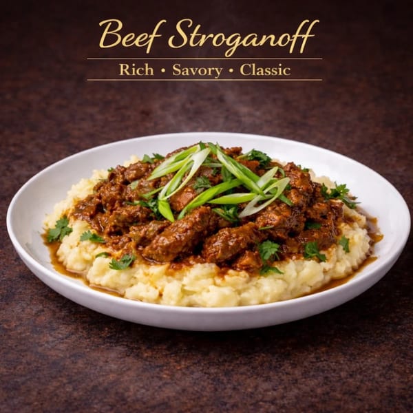 Beef Stroganoff with gravy, mashed potatoes, and green onions in a white bowl.