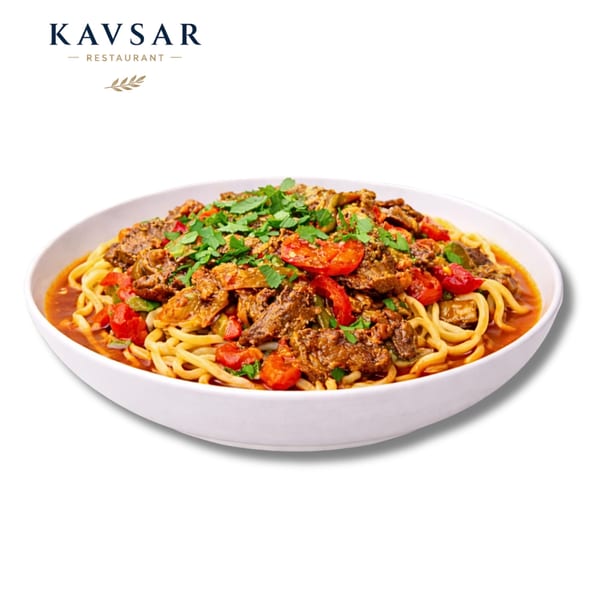 A white bowl of Kavsar Restaurant's halal lagman noodles with beef, vegetables, and broth.