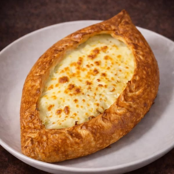 A golden-brown, boat-shaped Khachapuri with melted cheese filling, served on a white plate.