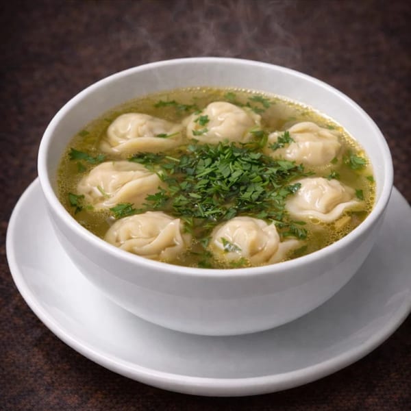 Steaming bowl of Kavsar Restaurant's halal dumpling soup with fresh parsley garnish.